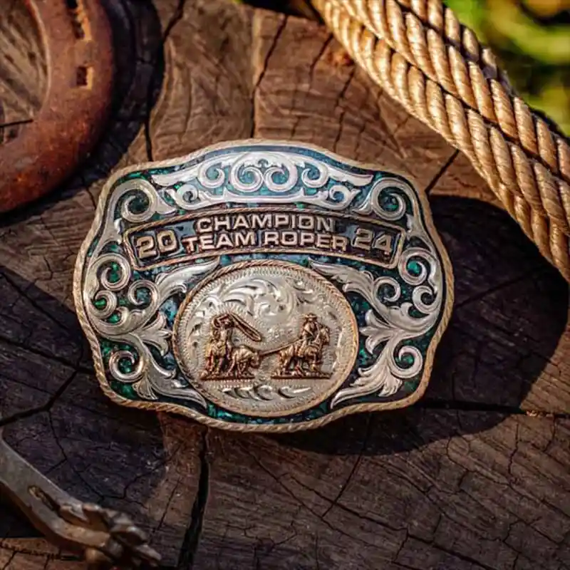 Belt Buckle with Crushed Turquoise Base and western figure